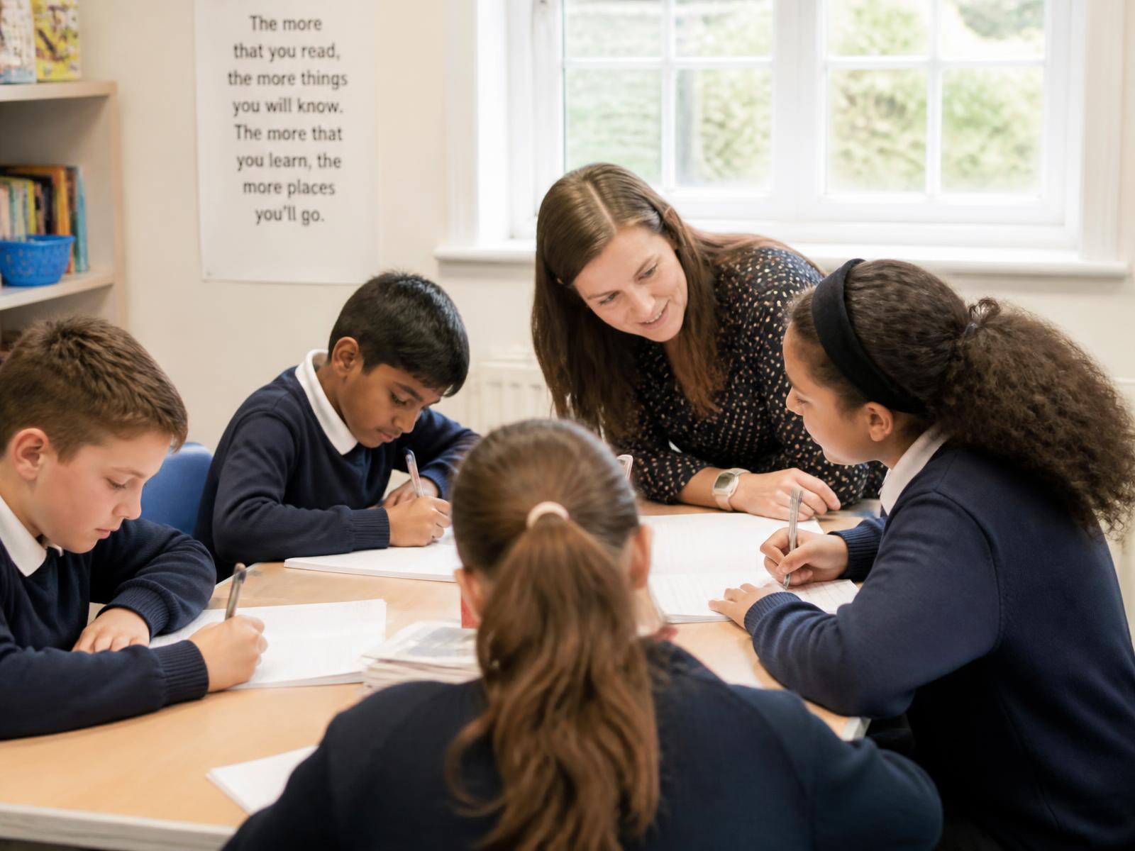 A teacher supporting a small group of children with their learning